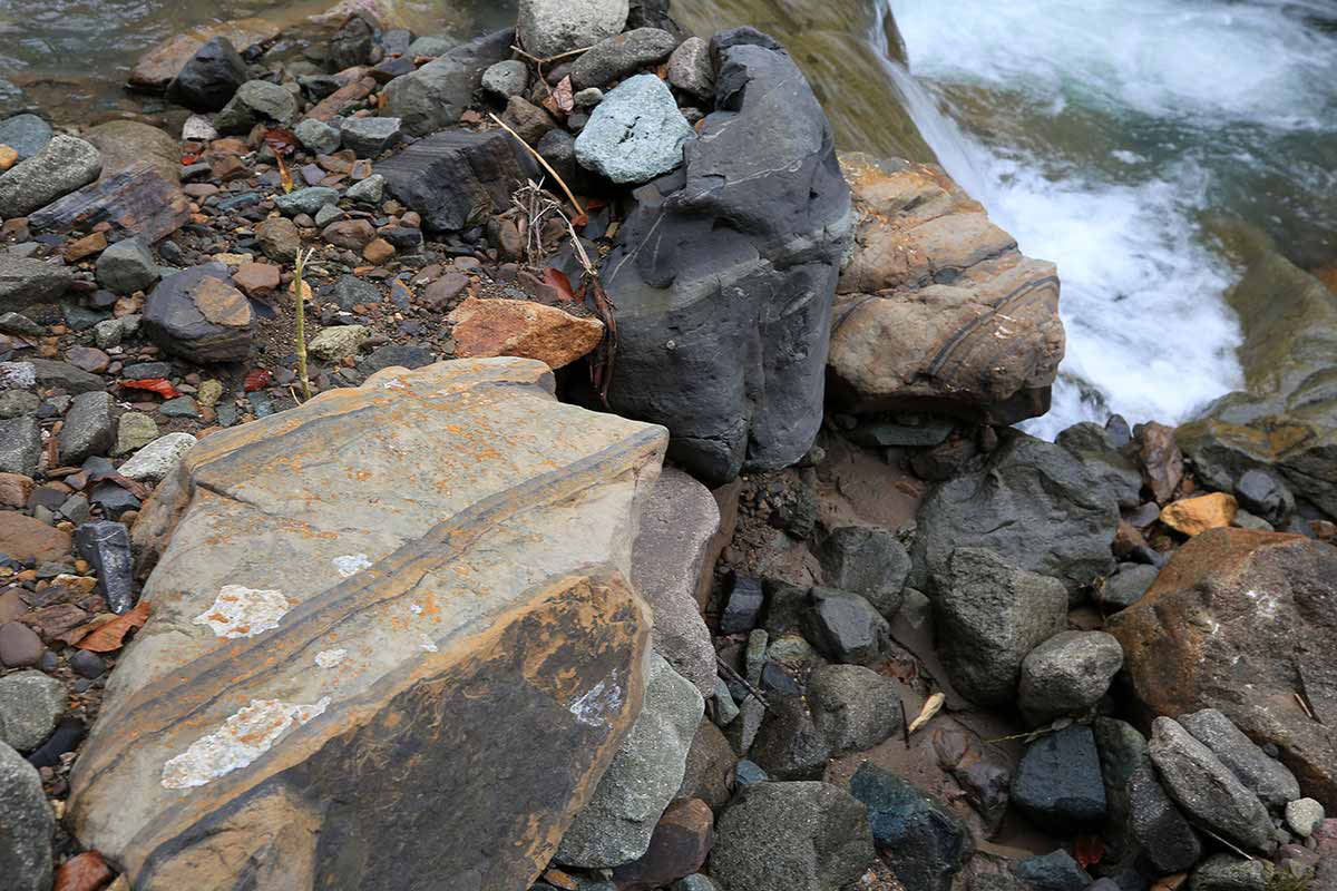 雨飾山登山 この川、しましまの石ばかりだ