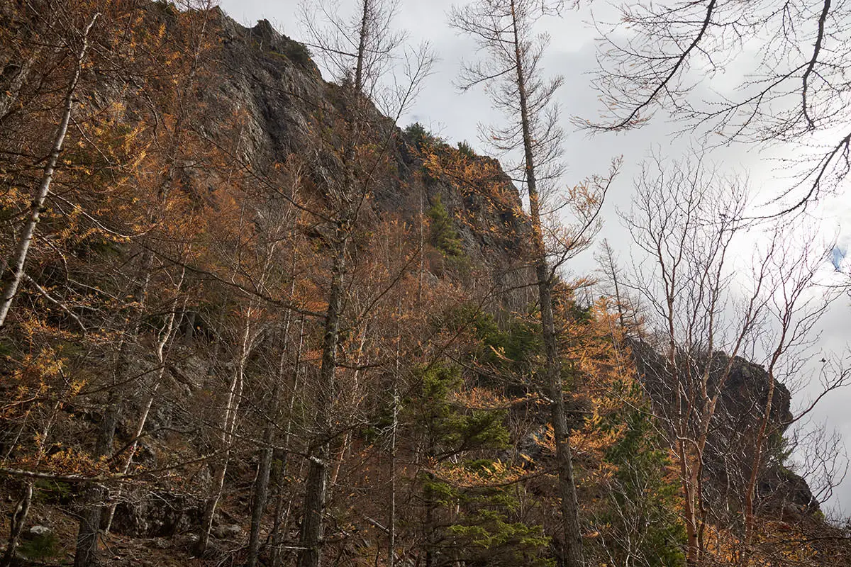 五郎山登山 山頂部の岩場を見上げる