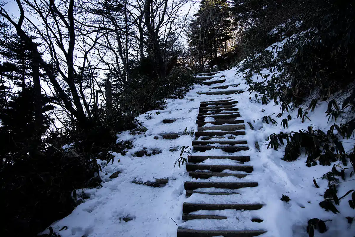石鎚山登山 石鎚山-階段は踏面が凍っていたり