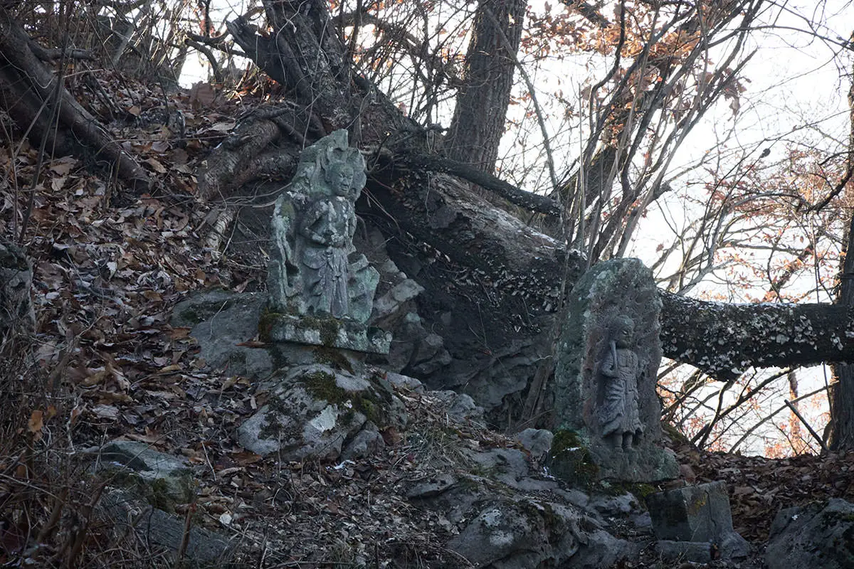 奇妙山登山 建物の裏に2体の仏像