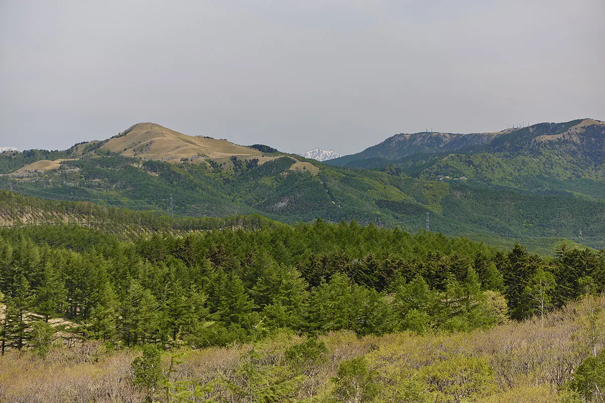 霧ヶ峰登山 霧ヶ峰-三峰山と美ヶ原の間に鹿島槍ヶ岳がチラッと