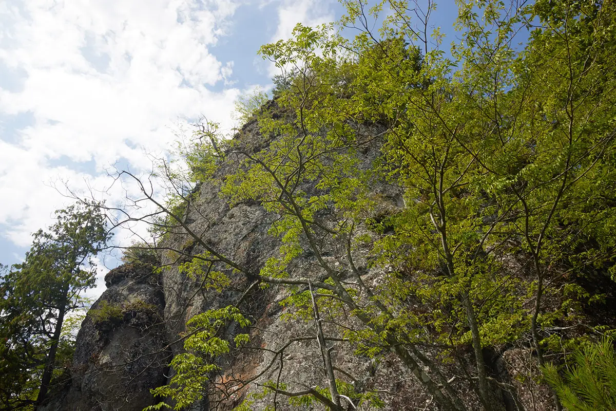 独鈷山登山 見上げると岩の峰