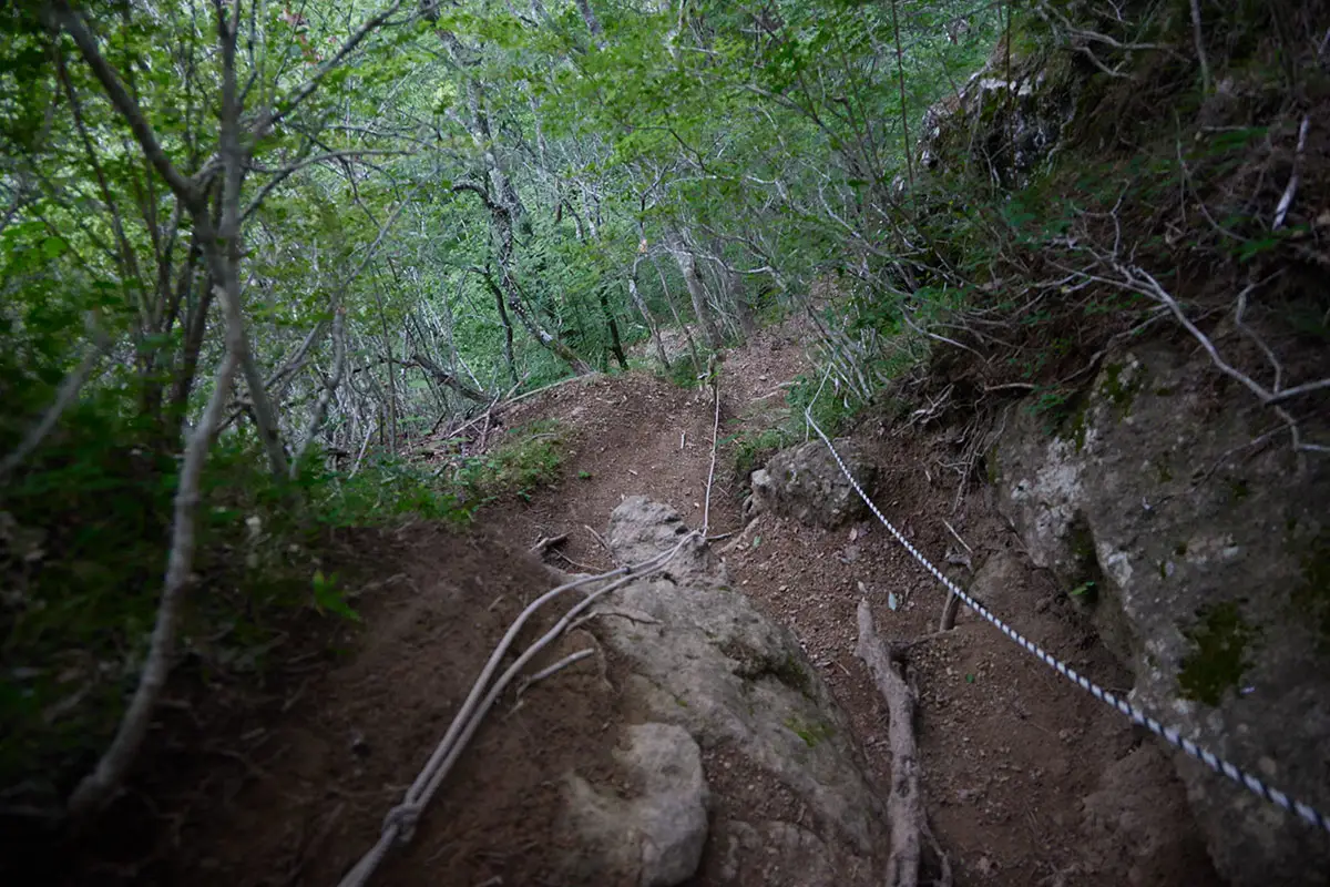 独鈷山登山 岩峰から下りる登山道にはロープ